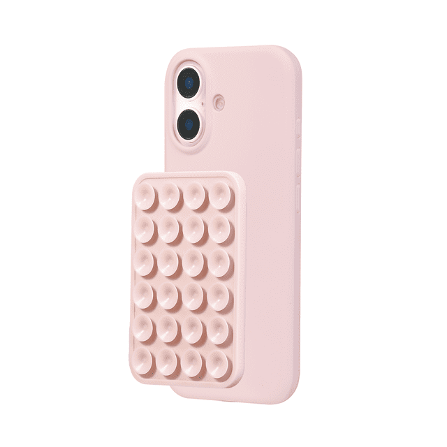 Artikl Silicone MagSafe Compatible Phone Case & OctoMag Bundle for iPhone 17 in blush pink, showing a soft-touch silicone case with MagSafe compatibility and a rectangular OctoMag magnetic mount with suction cups on the back, providing 6ft drop protection and hands-free operation, suitable for secure phone mounting.