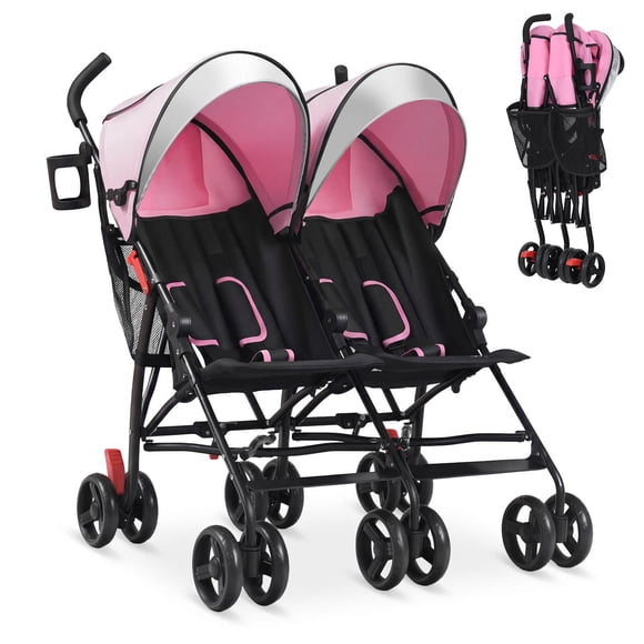 Babyjoy Foldable Twin Double Stroller Kids Ultralight Umbrella Stroller Pushchair 18 lbs Pink