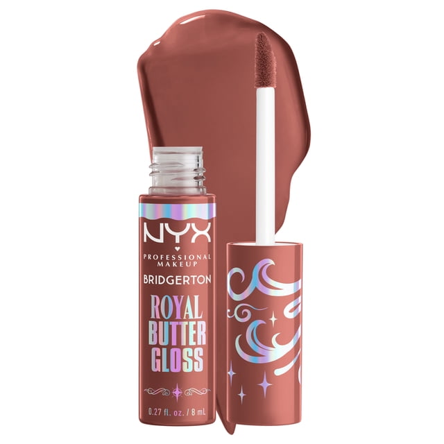NYX Professional Makeup Bridgerton Royal Gloss lip gloss in a nude shade with an open tube and applicator wand, featuring holographic text and decorative swirls on the cap, shown with a swatch of the gloss behind it, highlighting its vegan, non-sticky formula ideal for long-lasting shine and soft, smooth lips.