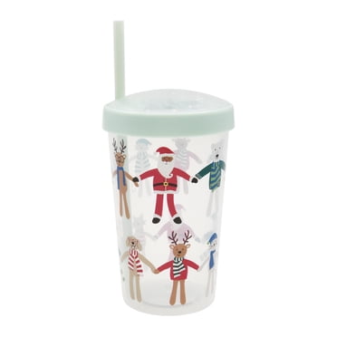Holiday Time Gobelet en plastique avec paille, couvercle bleu pailleté, Père Noël et ses amis, articles de fête