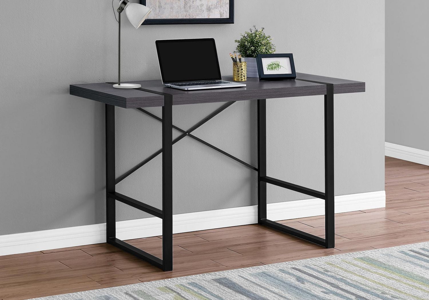 Monarch Specialties Bureau, Bureau À Domicile, Ordinateur Portable, 48"l, Travail, Métal, Stratifié, Gris, Noir, Contemporain, Moderne