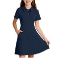 thumbnail image 2 of XUNKUSGA Summer Dress 5-15Y Classic Short Sleeve Uniform Girls Dresses Cute Ruffle Collared Button Front A Line Dress Casual Soild Color Golf Dress with Pocket,Blue, 2 of 9
