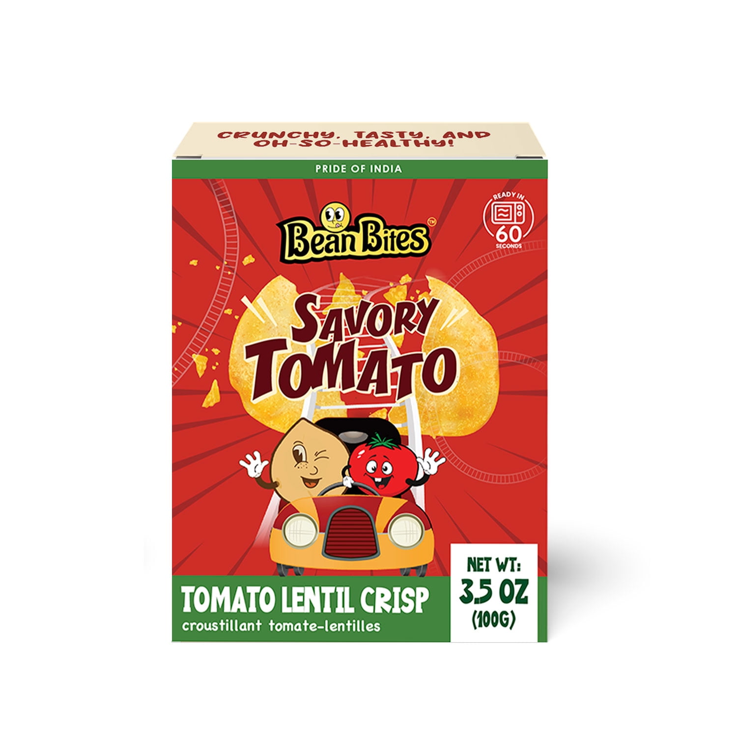 Bean Bites | Savory Tomato Lentil Crisp 3.53 oz (100 g) | Round Crunchy Bites | Sweet Tangy Taste | Plant Based Vegan Crackers, Gluten-Free Healthy Snack, Keto Chips By Pride of India