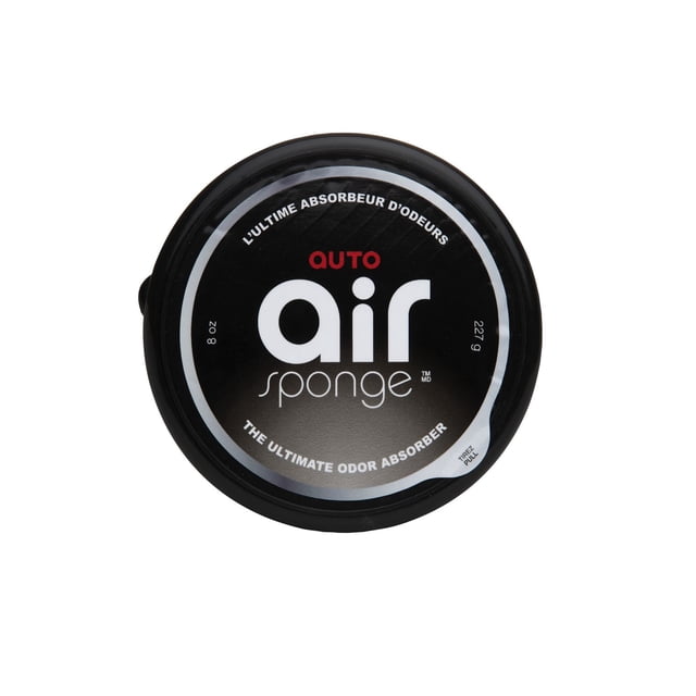 Auto Air Sponge Odour Eliminator in a round black container with a matte finish lid featuring white and red text, labeled as the ultimate odor absorber, 8 oz (227 g), designed for automotive interior use to neutralize odors caused by smoke, pets, and moisture.