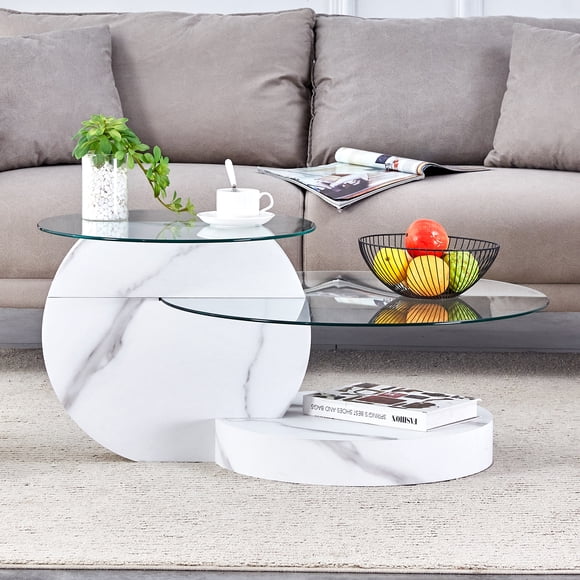Modern minimalist tempered glass coffee table, multi-layer design, white imitation marble MDF base+tempered glass tabletop, available in multiple colors.