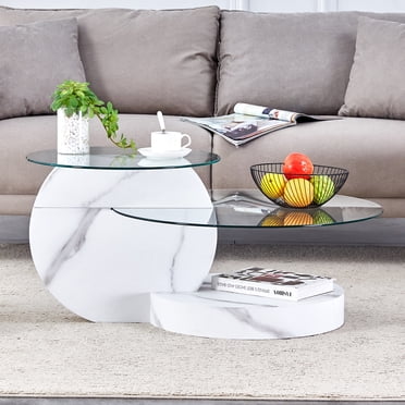 Table basse minimaliste moderne en verre trempé Noble House, double plateau rond en verre Plateau rond en verre, blanc