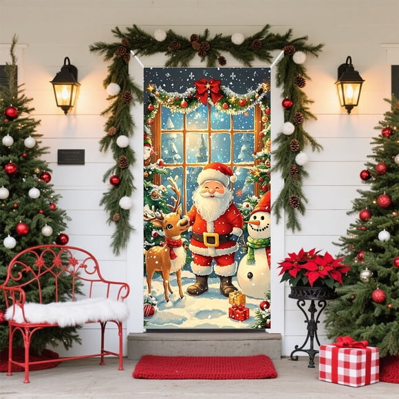 Christmas Door Cover with Santa Claus Pattern | Holiday Door Decoration for Front Door | Festive Polyester Door Hanging for Indoor Outdoor Home Wall Decor