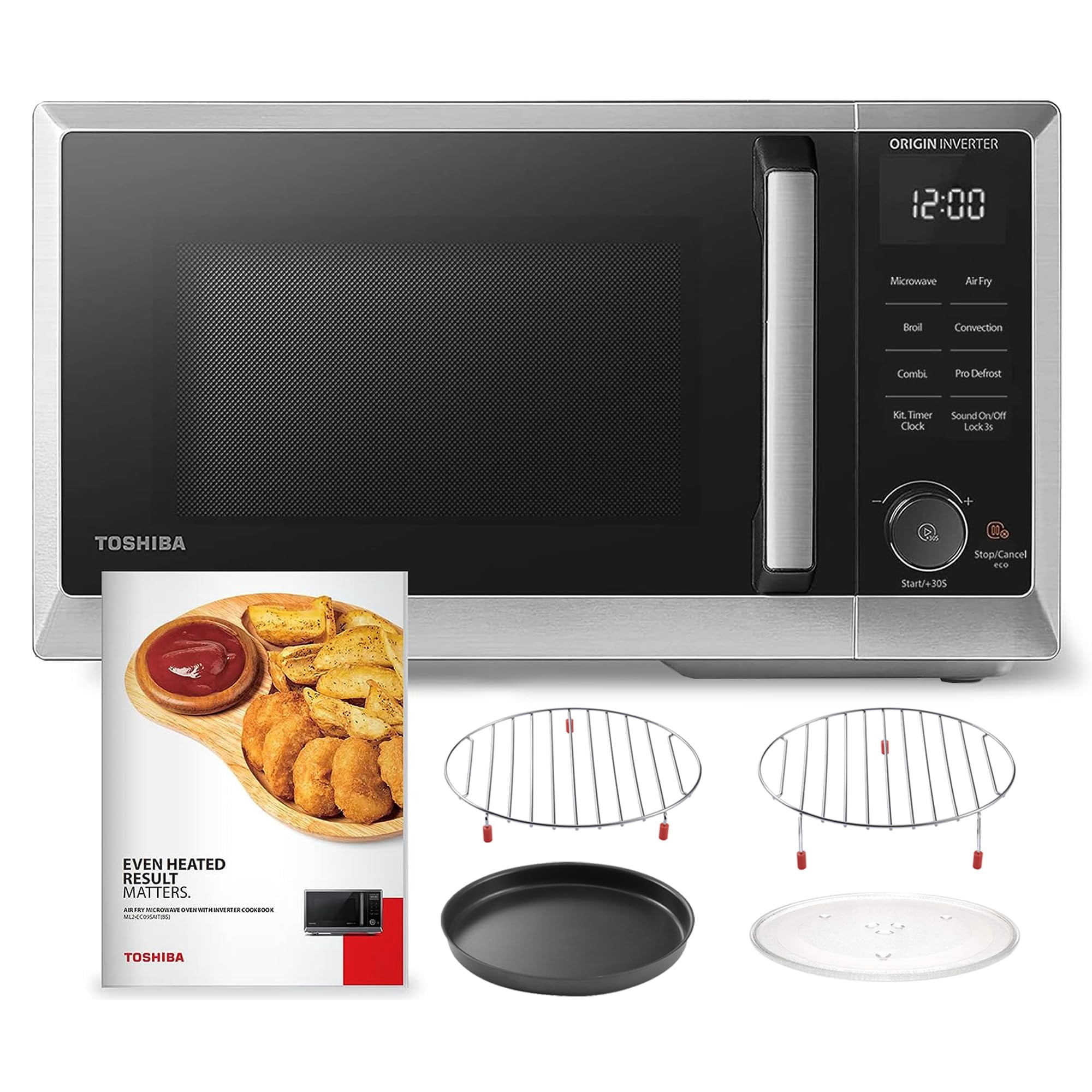 Toshiba 6-In-1 Inverter Microwave Oven Air Fryer Combo Master Series Countertop Microwave Air Fryer Broil Convection Speedy Combi Even Defrost Sound On/Off 27 Auto Menu Stainless Steel