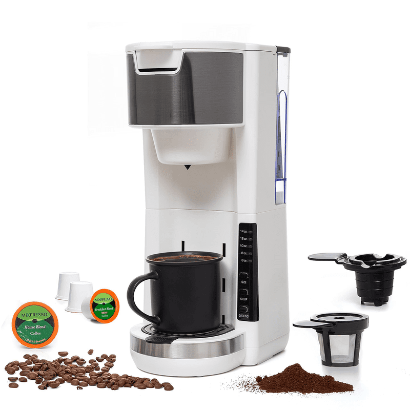 Single Serve Coffee Maker, 2-in-1 K-Cup and Ground Coffee Brewer, 6 to 14 oz Compact Coffee Machine with Auto Shut-Off, White