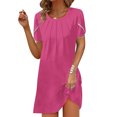 thumbnail image 1 of Nouvelle Robe d'Été Décontractée pour Femmes à Col Rond, Couleur Unie, Ample, Plissée à la Poitrine, Manches Courtes, Robe Décontractée à Col Rond avec Plis et Coupe Ample, Parfaite pour les Journées d'Été, Chaude et Confortable, 1 of 5