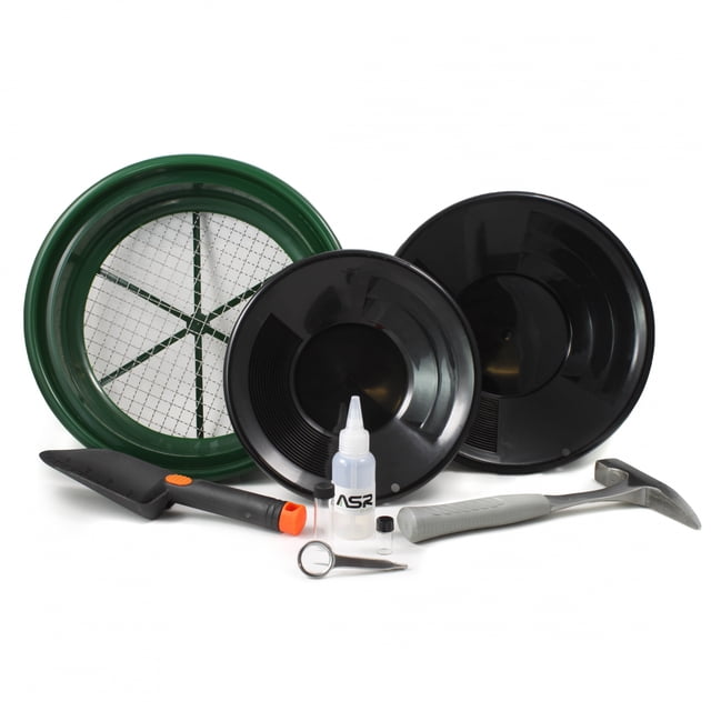9pc ASR Outdoor Classic Field Gold Panning Kit featuring dual riffle gold pans in 10-inch and 12-inch sizes, a green soil sifter pan, a geology rock pick hammer with a dual face, a plastic hand trowel, a gold snuffer bottle, magnifying tweezers with 4x magnification, and two small glass vials for gold storage. Ideal for gold prospecting and recovery.
