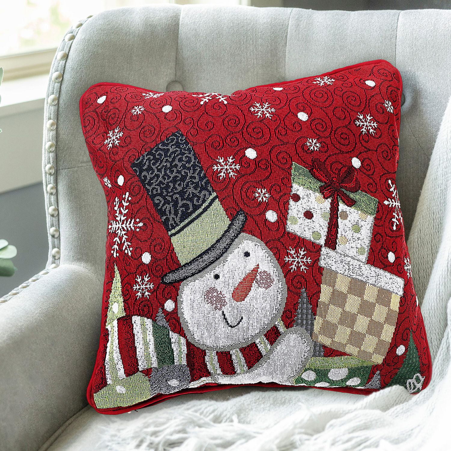 Christmas Tapestry Cushion Snowman Holding Présente 18X18 - Ensemble De 2