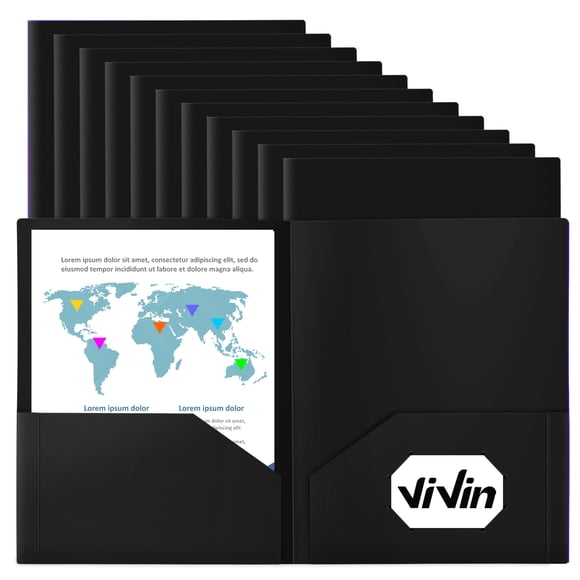 ViVin 12-Pack Sturdy Plastic Folder with 2 Pockets, Office School Home, Black