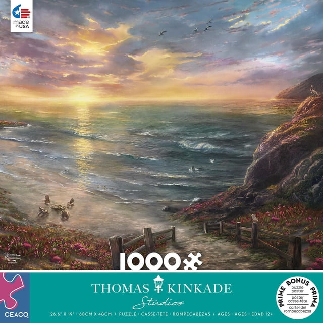 Thomas Kinkade Beachside Gathering 1000pc Puzzle depicting a tranquil beach at sunset with Adirondack chairs arranged around a firepit on the sand, gentle ocean waves, rocky cliffs with flowering plants, and birds flying overhead, completed puzzle size 27 by 19 inches, recommended for ages 12 and up.