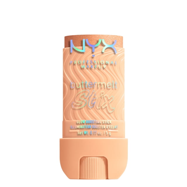 NYX Professional Makeup Buttermelt Stix Illuminateur Rehausseur d'Éclat en Bâton Couleur Pêche avec surface Texturée Ondulée et Lettrage iridescent, Contenant 0,17 oz (5 g) de Formule Lisse Infusée d'Huile de Coco pour l'Éclat du Visage et du Corps, Convient Aussi aux Contours Subtils.