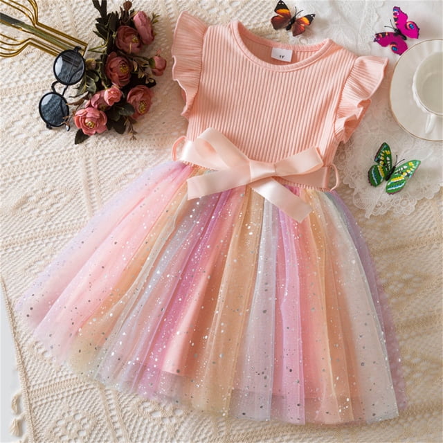 Offre à Durée Limitée Iumwxz Tunique en Tulle Colorée Évasée Robe d'Été avec Ceinture Robes Col Rond à Blocs de Couleur Graphique Robe à Manches à Volants pour Adolescentes Robes Tendance pour Aller Magasiner 1-6 Ans