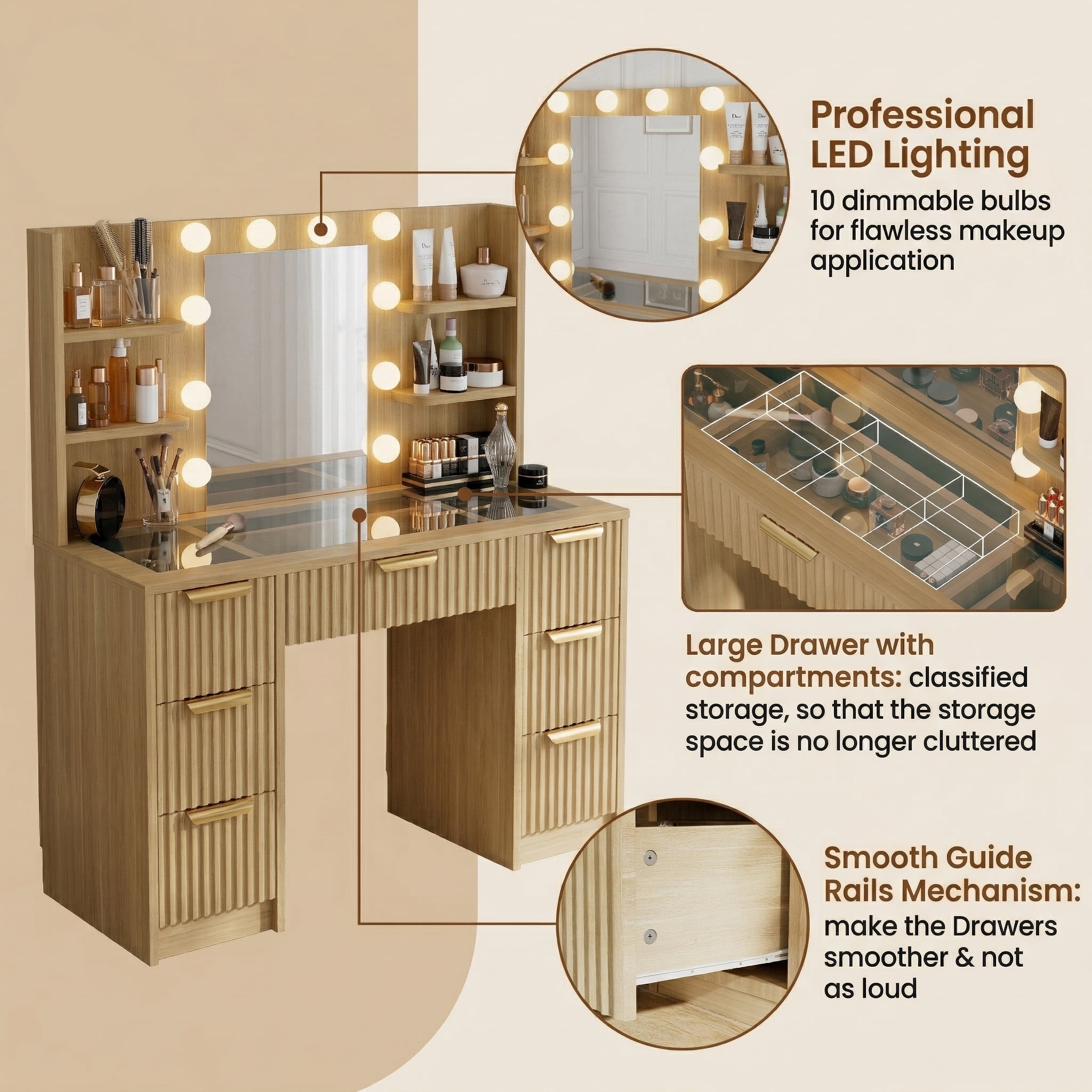 Noble House bureau vanité à 7 tiroirs avec prise de courant et plateau en verre, Design cannelé avec 10 lumières LED miroir et chaise, naturel