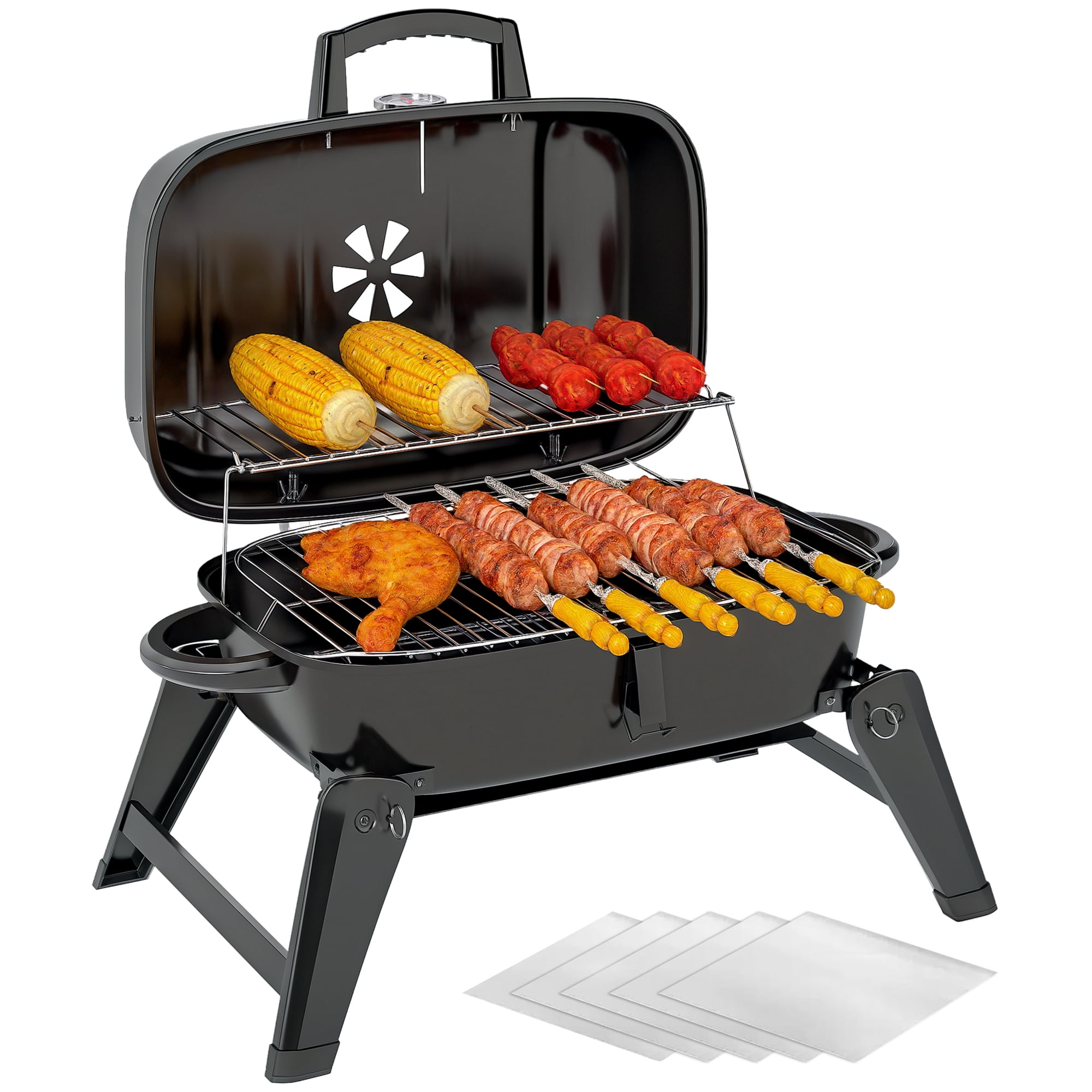 Outsunny Charcoal BBQ Grill, Foldable Barbecue Grill with Warming Rack