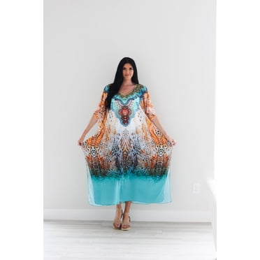 KaftanBuzz Dubai Kaftan Dresses for Women Plus Size, African Print Embellished Caftan, Crepe, 55 Inches