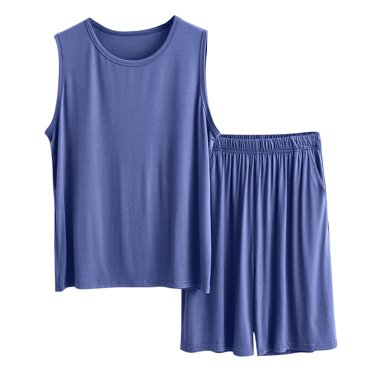 Modal Pajamas Sets for Mens Crew Neck Sleeveless Pjs Tops Ultra Soft Textured Sleepwear Outfits Front Pleated Loose Fit Shorts Light Breathable Loungewear Two Piece Sets