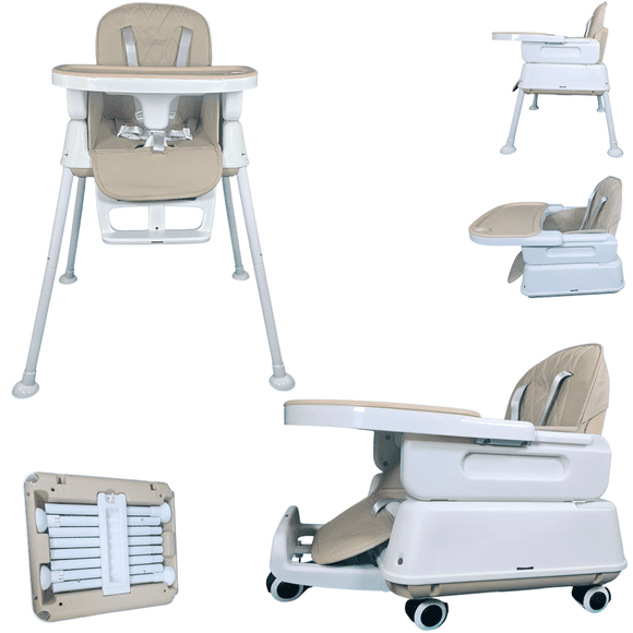 7-in-1 Fully Convertible Baby High Chair – From Newborn Recliner to Toddler Booster, Foldable & Portable, Easy-Clean Washable Cushion, Removable Tray, 5-Point Safety Harness (Kakhi)