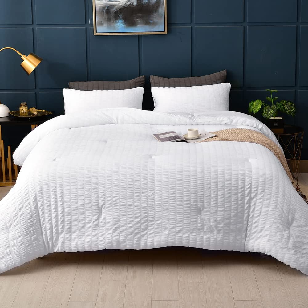 AveLom Ensemble de Douillette Seersucker - Format Double 80x90 Pouces Blanc 3 Pcs Unisexe