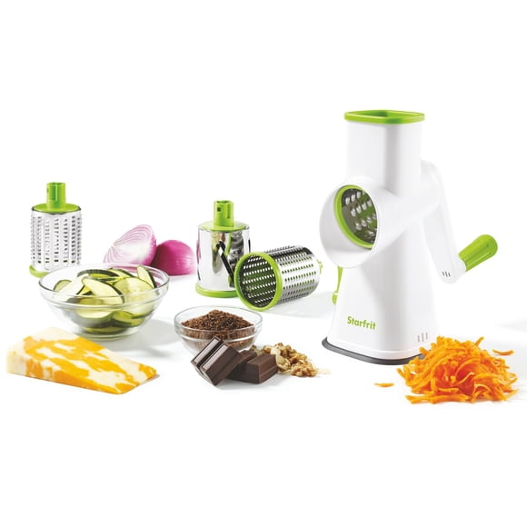 Starfrit Drum Grater with 4 Interchangeable Stainless Steel Barrels, Suction Base Stability, Ultra Sharp Blades, Safety Pusher, Perfect for Grating and Slicing Vegetables, Cheese and Ice Shaving