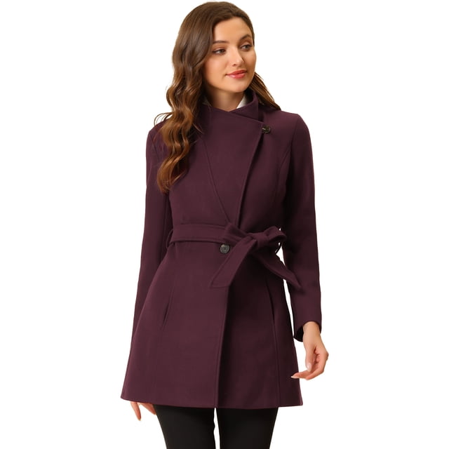 INSPIRE CHIC Manteau Long Classique pour Femme à Col Montant, Manches Longues, d'Hiver, Ceinturé, Violet Foncé Rouge G