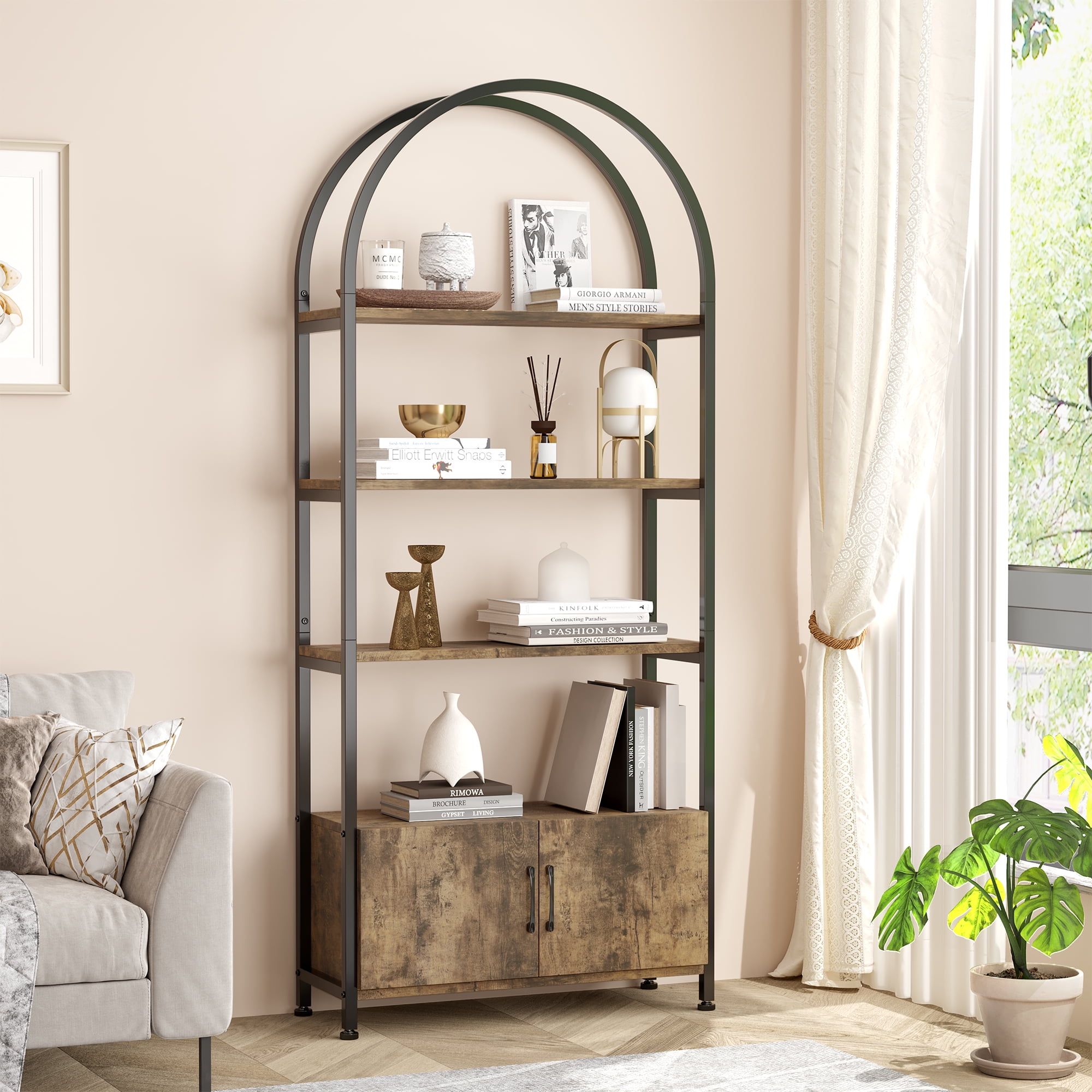 KTENME 2025 New Arched Bookshelf, Bookcase with Doors Storage, 71.5" 4-Tier Tall Bookcase with Sturdy Metal Frame, Freestanding Display Shelving Unit for Living Room, Home Office