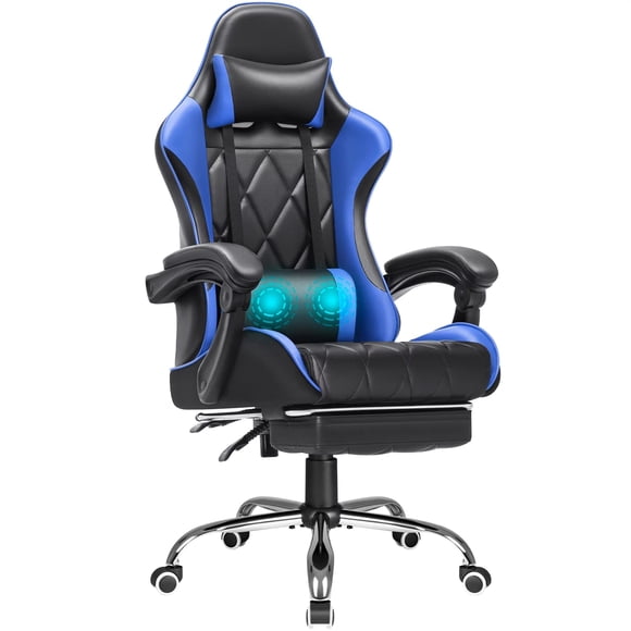 Homall Chaise de Gaming avec Repose-Pieds, Chaise de Bureau avec Massage, Chaise d'Ordinateur de Course, Dossier Haut, Chaise en Cuir PU, Bleu