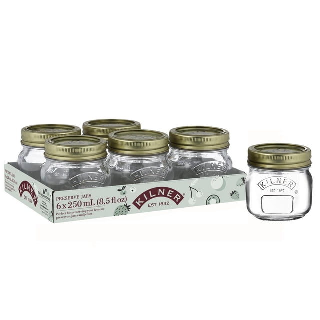 Kilner Regular Mouth Glass Mason Jars with Sealing Lids, 250ml, six clear soda lime glass jars with gold metal screw lids embossed with Kilner logo and EST 1842, packaged in a branded tray, ideal for preserving jams, jellies, and small-batch preserves.
