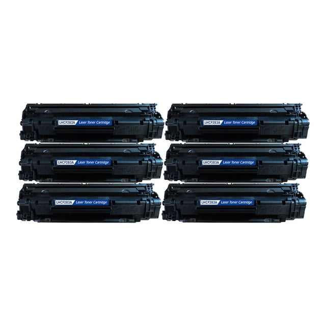 L-ink 6 Pack Compatible HP 83A (CF283A) Black Toner Cartridge set showing six black laser toner cartridges arranged in two rows of three, each labeled LHCF283A Laser Toner Cartridge, compatible with HP LaserJet Pro 125A series printers, delivering clear, crisp print quality and 1500 page yield, suitable for economical high-volume printing.