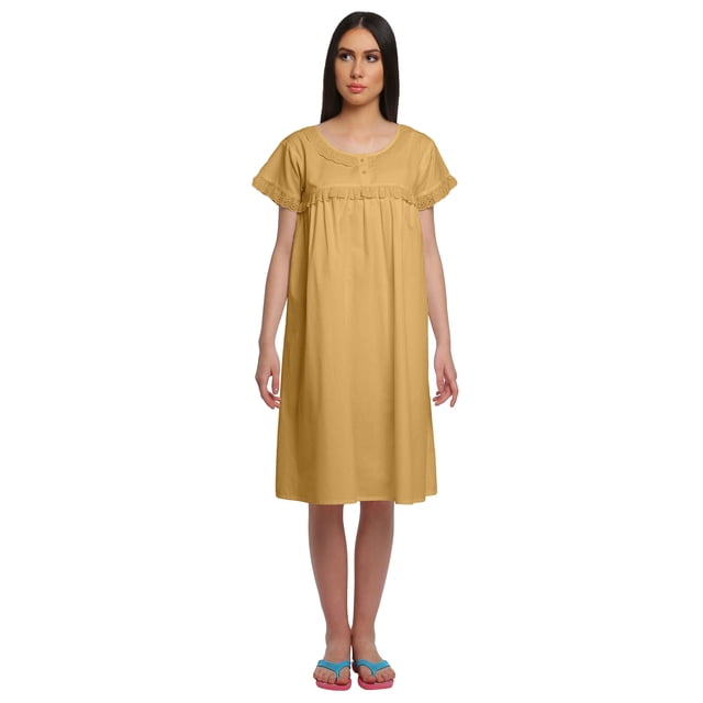 Moomaya Robe de Nuit d'Allaitement pour Femmes, Unie, à Col Rond, en Popeline de Coton