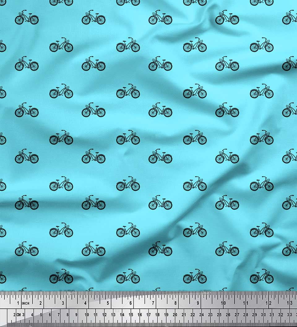 Soimoi Blue Rayon Crepe Fabric Bicycle Transport Print Sewing Fabric Yard 46 Inch Wide