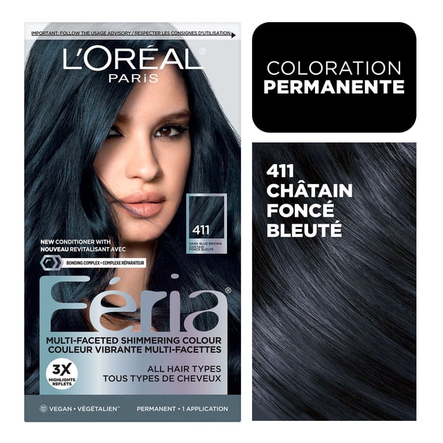 Oréal Paris Feria L' Teinture Capillaire Permanente en Teinte 411 Bleu Foncé Brun, Offrant une Couleur Chatoyante Multifacettes avec des Mèches 3X et un Complexe de Liaison pour des Cheveux Plus Forts, Formule Végane Convenant à Tous les types de Cheveux et à Toutes les textures.