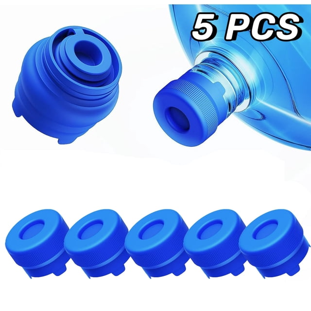 Adofi reusable 3 & 5 gallon water jug caps in a pack of 5, shown in blue silicone material with a round shape. Designed for 55mm standard, screw, and crown top water bottles and water pump dispensers. Features an upgraded no-leaking and popping-open design, easy on-and-off style, and anti-drop-off small lid for secure use. Suitable for water dispensers, camping, travel, and water storage.