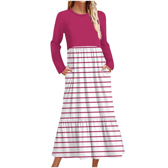cfhntfmh Maxi Robes pour Femmes Automne Col Rond Manches Longues Robe Rayée Robe Tendance à Blocs de Couleur Robe de Détente avec Poches