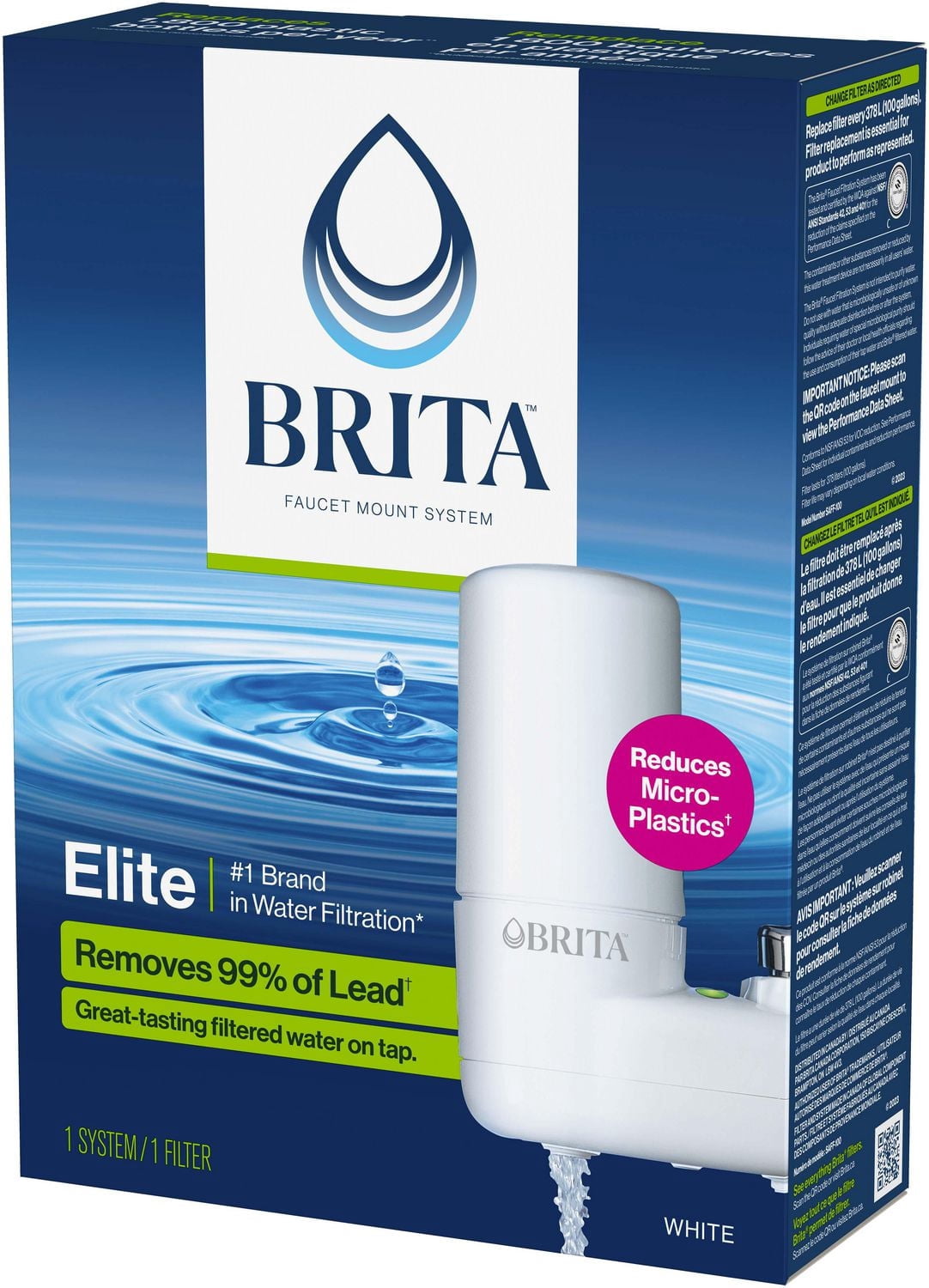 Système de filtration d’eau sur robinet Brita avec indicateur de changement de filtre, réduit la teneur en plomb, fabriqué sans BPA, compatible avec les robinets standards seulement, modèle de base bl