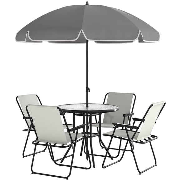 6-Piece Patio Dining Set with Parasol, Cream White Outdoor Furniture Set with Round Glass Table and 4 Folding Mesh Chairs for Garden, Backyard and Patio, Steel Frame