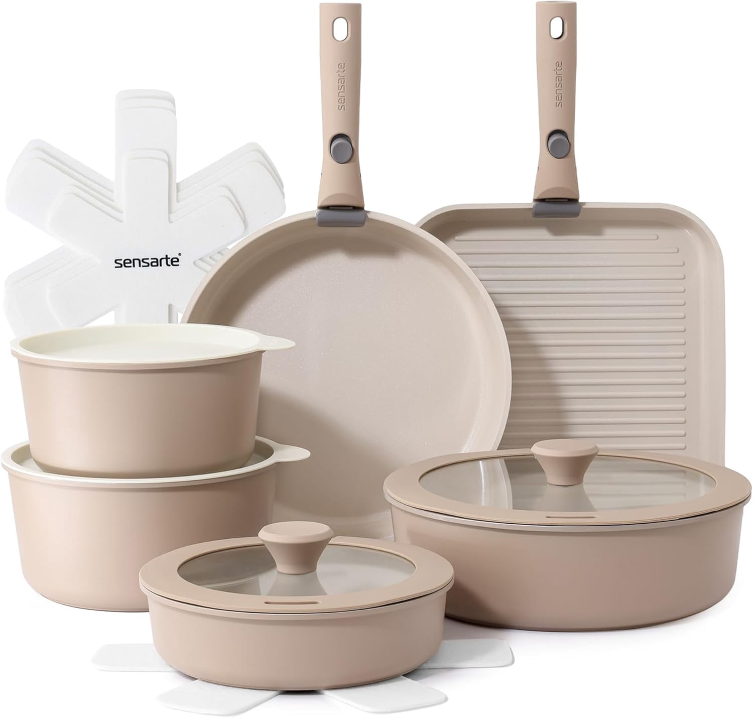 17 Piece Ceramic Cookware Set, Nonstick Detachable Handles, Induction, Dishwasher and Oven Safe, Almond Beige