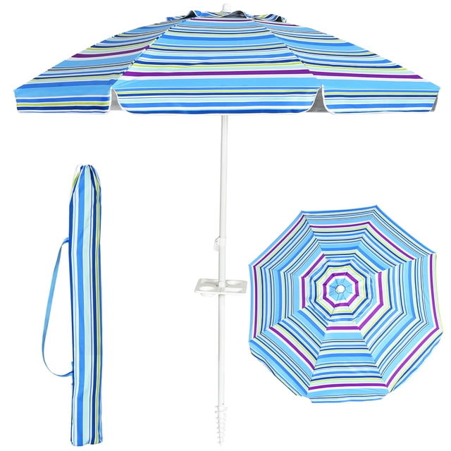 Costway Parasol de Plage Portable de 7,2 Pi avec Mécanisme d'Inclinaison, Ancre de Sable et Porte-Gobelet. Comprend un Auvent en polyester à Rayures Bleues Vibrantes avec protection UPF 50+, un Cadre en Acier Robuste et 8 Nervures Résistantes au Vent. Comprend un Sac de Transport avec Bandoulière pour la Portabilité. Convient à la Plage, au patio Ou au Bord de la Piscine.