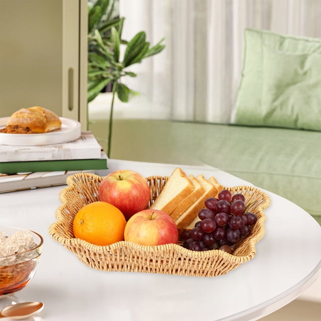 CaiYueKe Woven Storage Basket Natural Rattan Tabletop Organizer Farmhouse Home Decor Kitchen Countertop Fruit Snack Holder Breathable Handwoven Tray