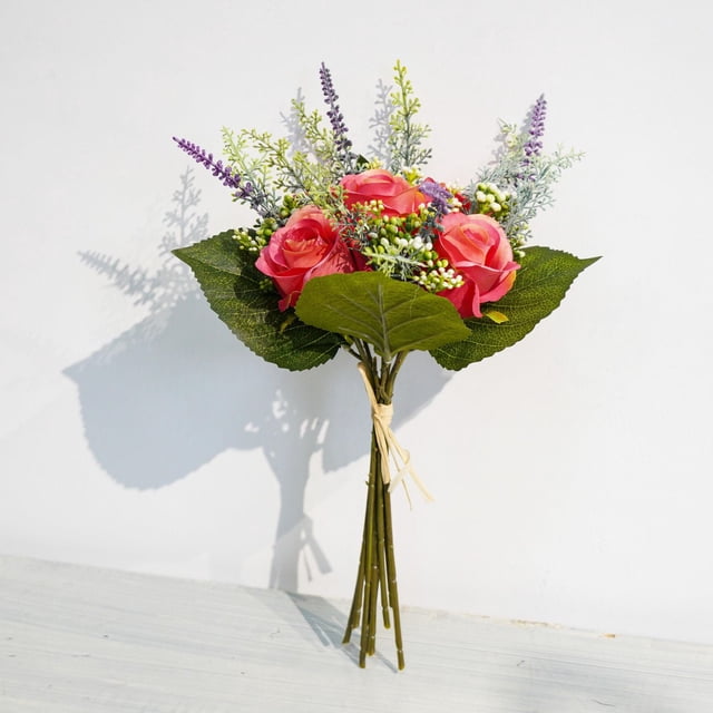 Lerman Decor's red rose bouquet with five red rose picks on bendable stems, accented by lavender and baby's breath, surrounded by green leaves and tied together, ideal as an artificial flower centerpiece for home décor or office decoration.