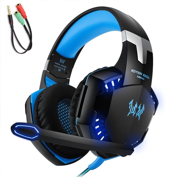 KOTION EACH KOTION EACH G2000 Gaming Headset with Noise-Canceling Mic, 50mm Stereo Sound, LED Lights, 3.5mm+USB, Black & Blue, Ergonomic Design, Adjustable Headband, Memory-Protein Earmuffs, Volume
