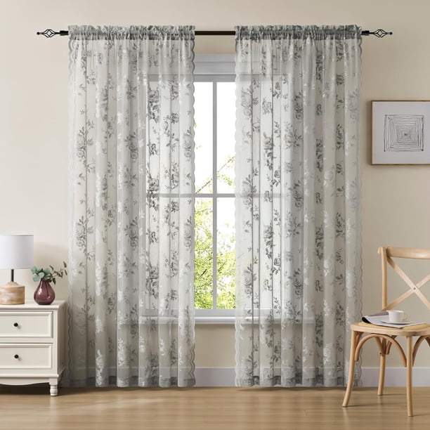 Grey Lace Curtains 54 Inch Length 2 Panels Set Gray Floral Sheer
