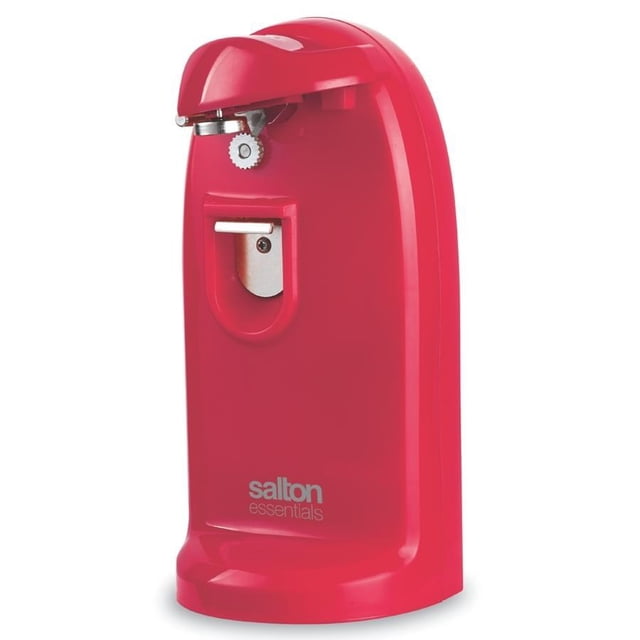 Salton Essentials Ouvre-Boîte Électrique Rouge avec Lame en Acier Inoxydable, Aimant de Rétention du Couvercle, Ouvre-Bouteille Intégré et Aiguiseur de Couteaux. Conçu pour Ouvrir les Boîtes de Toutes Tailles, Comprend un Rangement du Cordon et Fonctionne à 70 watts. Modèle ECO1819R.