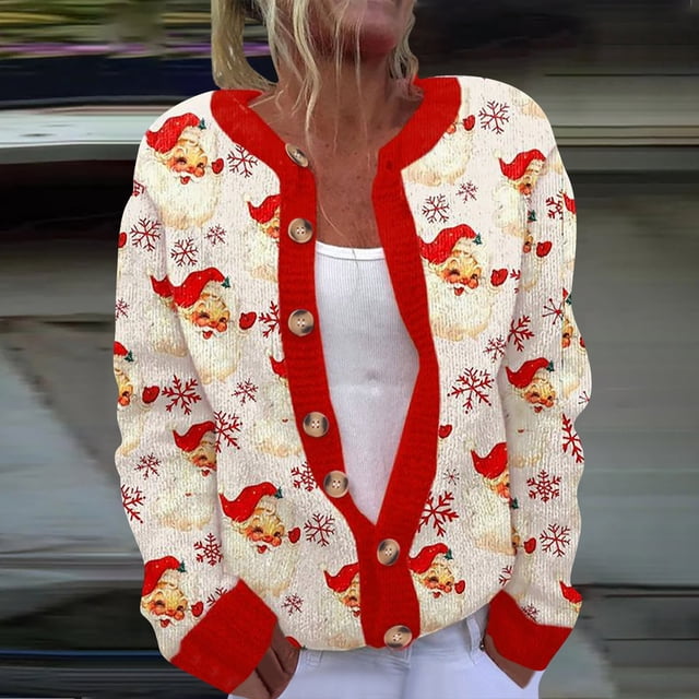 Wiyuqeen Santa Clubs Womens Cardigans Merry Christmas Long Sleeve Knit Cardigans Funny Xmas Print Button Down Sweaters Plus Size Fall Jacket Coats