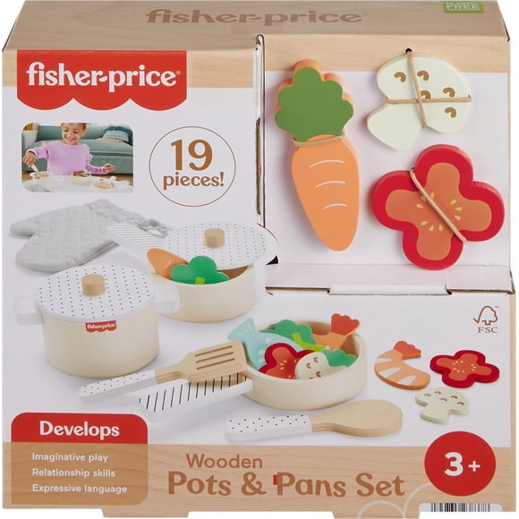 Fisher-Price Coffret Marmite et casseroles en bois, 19 éléments