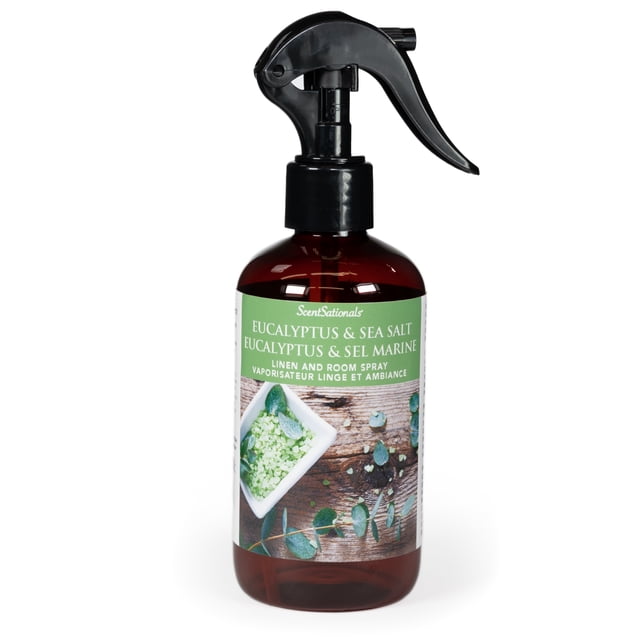 ScentSationals Room Spray - Eucalyptus & Sea Salt in a brown plastic spray bottle with black trigger nozzle, featuring a green label with eucalyptus leaves and sea salt on wood, essential oil infused linen and room spray ideal for home fragrance and aromatherapy, also suitable for refreshing office spaces.