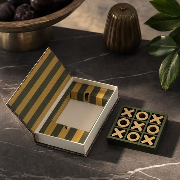 Aurorax Wooden Tic Tac Toe Board Game,Portable X O Strategy Tabletop Game,Book Shaped Handmade Green Coffee Table Decor for Family Party Gift